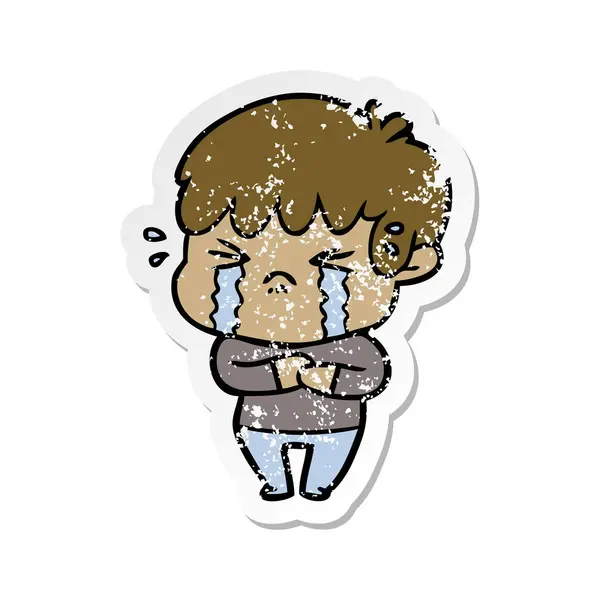 Distressed sticker of a cartoon boy crying — Stock Vector