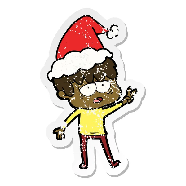 산타 모자를 쓰고 소진된 소년의 고민된 스티커 만화 — 스톡 벡터