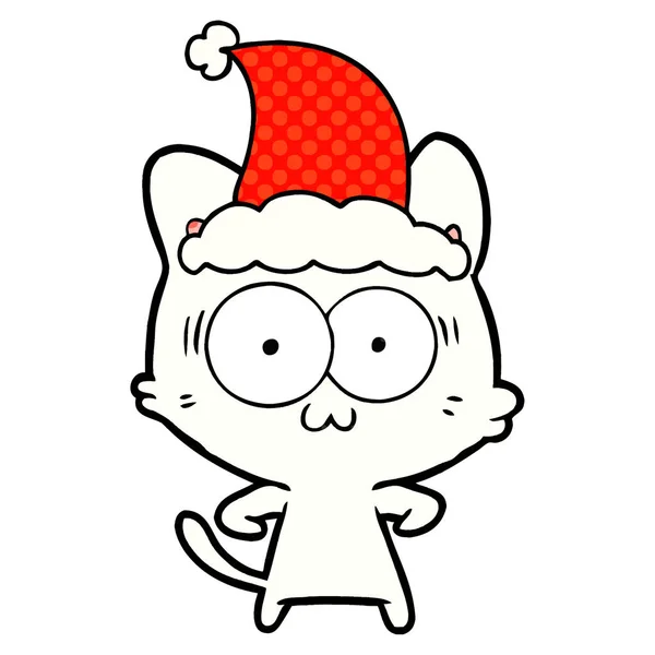 Illustrazione in stile fumetto di un gatto sorpreso che indossa Santa h — Vettoriale Stock