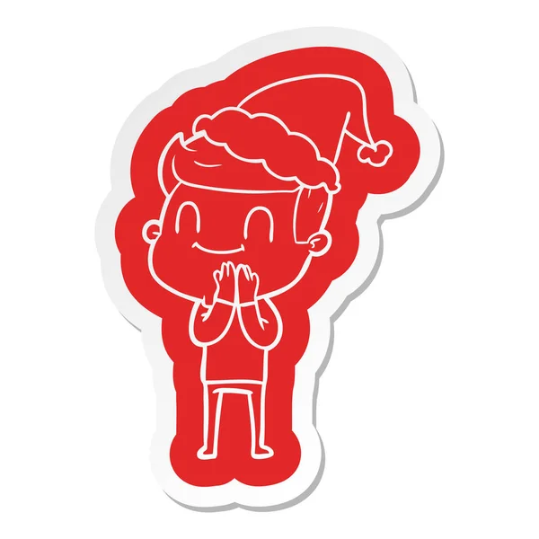 Quirky Cartoon Sticker Friendly Man Wearing Santa Hat — Stock Vector