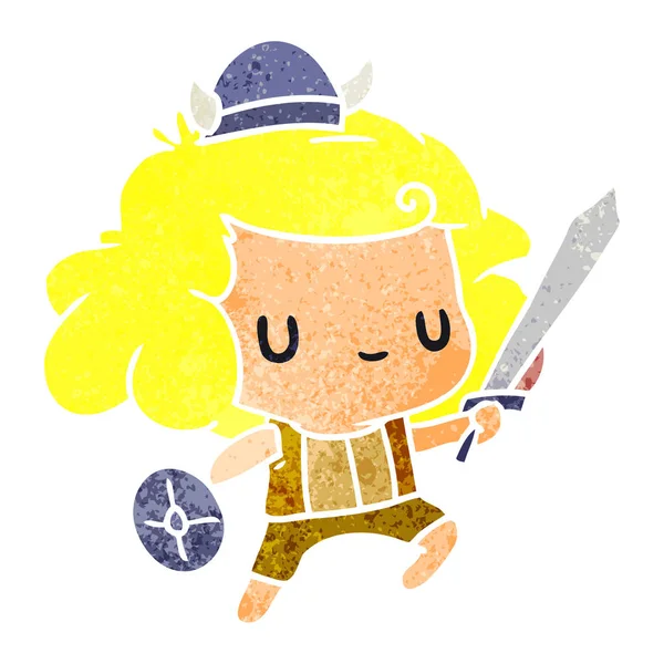 Retro Cartoon Illustration Kawaii Cute Viking Child — Stock Vector