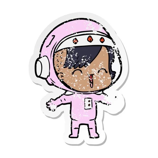 Verontruste Sticker Van Een Cartoon Lachen Astronaut Meisje — Stockvector