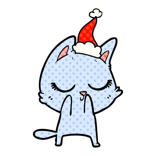 Calma cómic estilo ilustración de un gato con sombrero de santa — Vector de stock