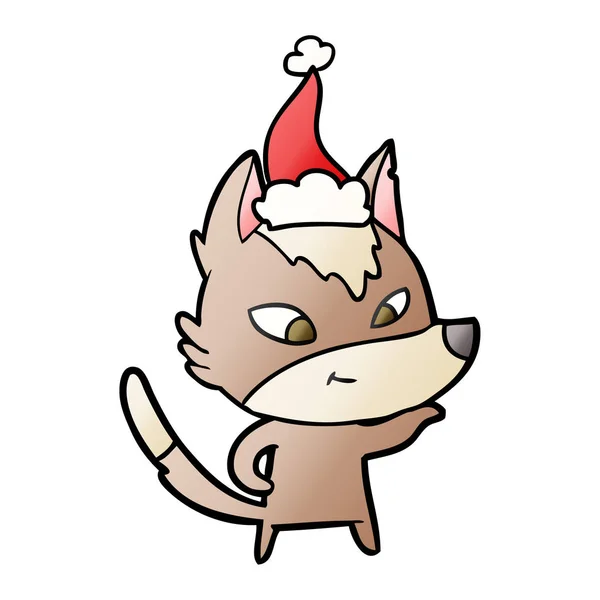 Vriendelijke kleurovergang cartoon van een wolf dragen KERSTMUTS — Stockvector