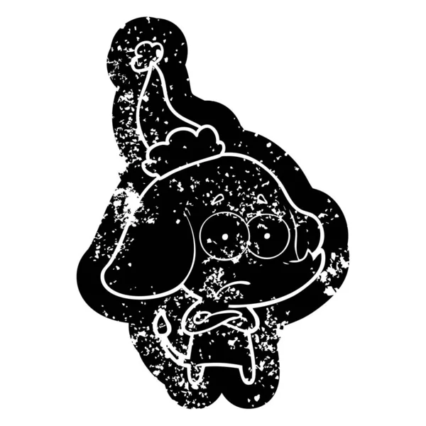 Desenho animado ícone angustiado de um elefante inseguro vestindo chapéu de santa — Vetor de Stock