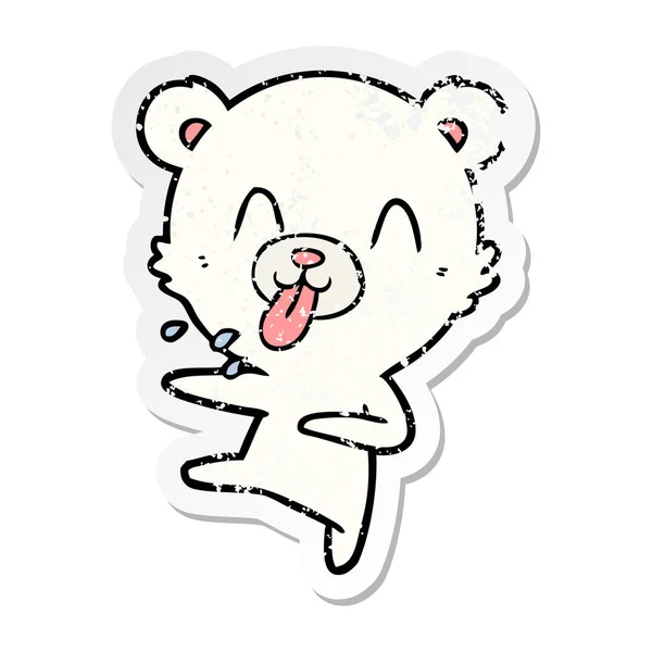 Distressed Sticker Rude Cartoon Dancing Polar Bear Sticking Out Tongue — Stock Vector