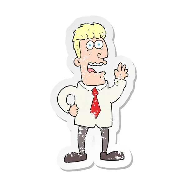 Retro Noodlijdende Sticker Van Een Cartoon Zakenman — Stockvector