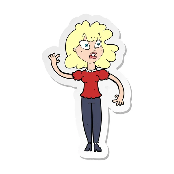 Sticker Van Een Cartoon Bezorgd Vrouw Zwaaien — Stockvector