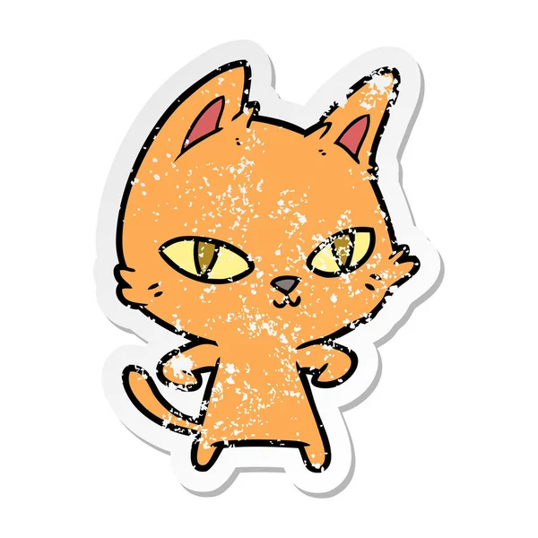 Verontruste sticker van een cartoon kat staren — Stockvector