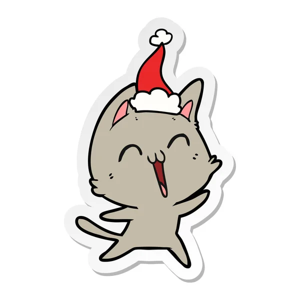 Happy Hand Drawed Stiker Cartoon Cat Wear Santa Hat — стоковый вектор