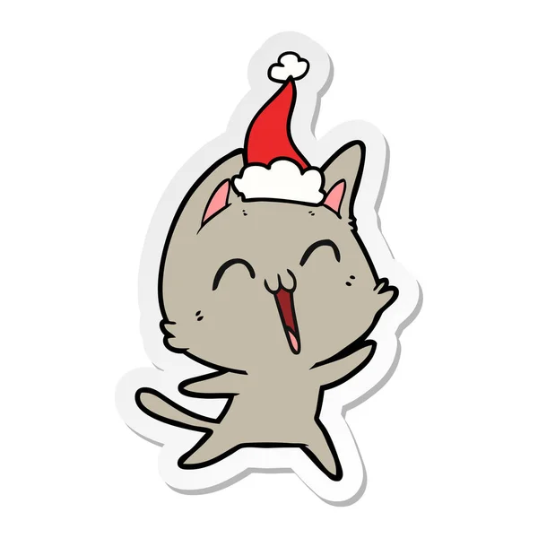 Mão Feliz Desenhado Desenho Animado Adesivo Gato Usando Chapéu Santa — Vetor de Stock