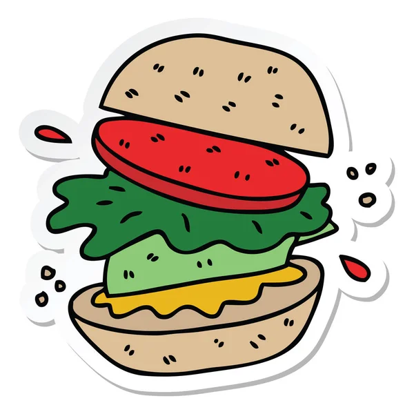 Sticker Quirky Hand Drawn Cartoon Veggie Burger — Stock Vector