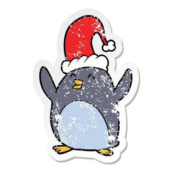 Distressed Sticker Happy Christmas Penguin — Stock Vector