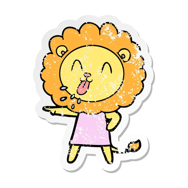 Distressed Sticker Happy Cartoon Lion — Stock Vector