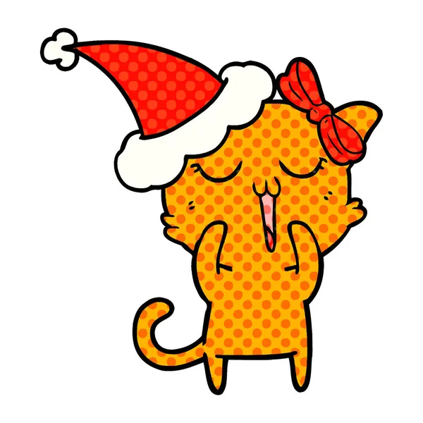 Illustrazione in stile fumetto di un gatto che indossa il cappello di Babbo Natale — Vettoriale Stock