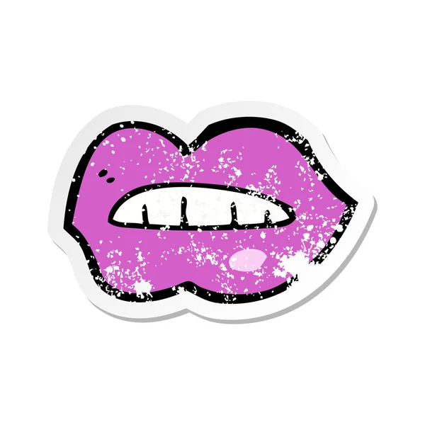 Retro noodlijdende sticker van een cartoon roze lippen — Stockvector