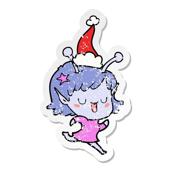 Feliz alienígena menina angustiado adesivo desenhos animados de um vestindo santa h —  Vetores de Stock
