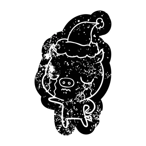 Cartone animato icona angosciata di un maiale che piange indossando cappello di Babbo Natale — Vettoriale Stock
