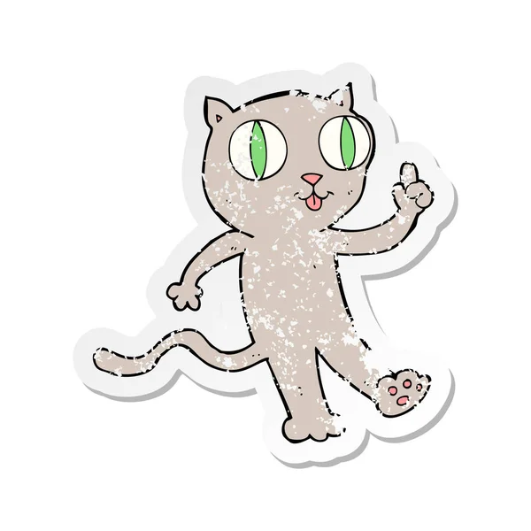 Retro noodlijdende sticker van een cartoon kat met idee — Stockvector