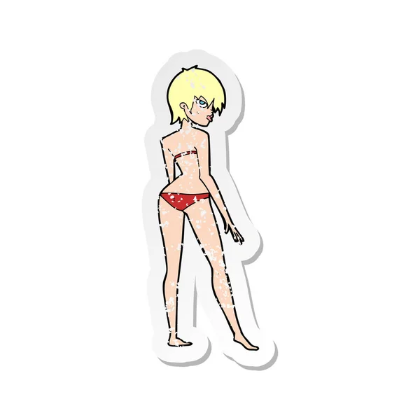 Pegatina Retro Angustiado Una Mujer Dibujos Animados Bikini — Vector de stock