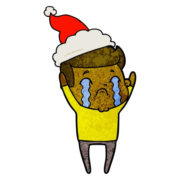 手绘质感漫画的一个人哭戴圣诞老人的帽子 — 图库矢量图片
