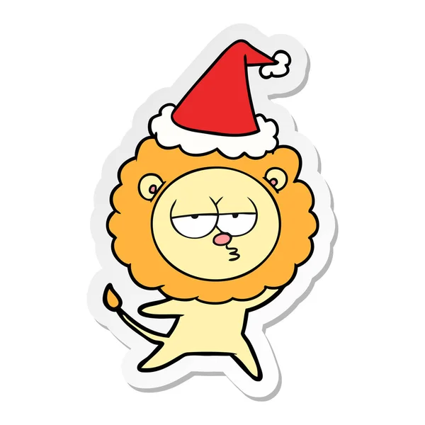 Hand Drawn Sticker Cartoon Bored Lion Wearing Santa Hat — Stock Vector
