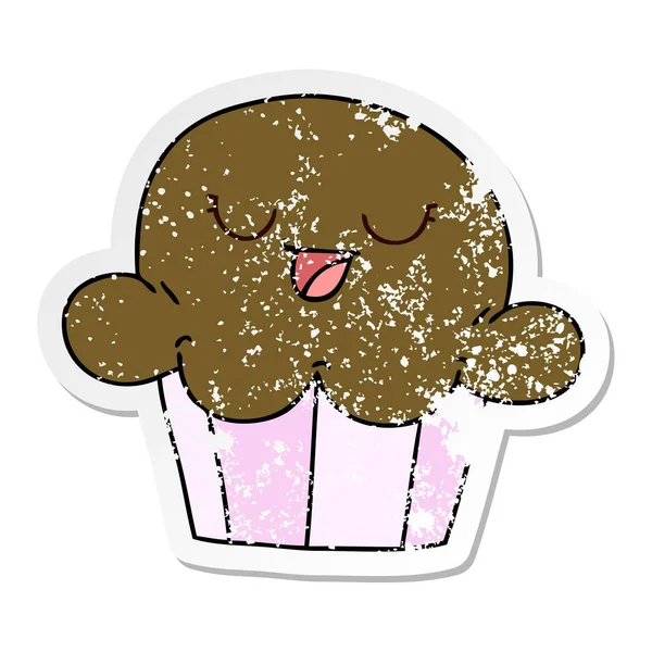 Etiqueta Angustiada Uma Mão Peculiar Desenhado Muffin Feliz Desenhos Animados —  Vetores de Stock