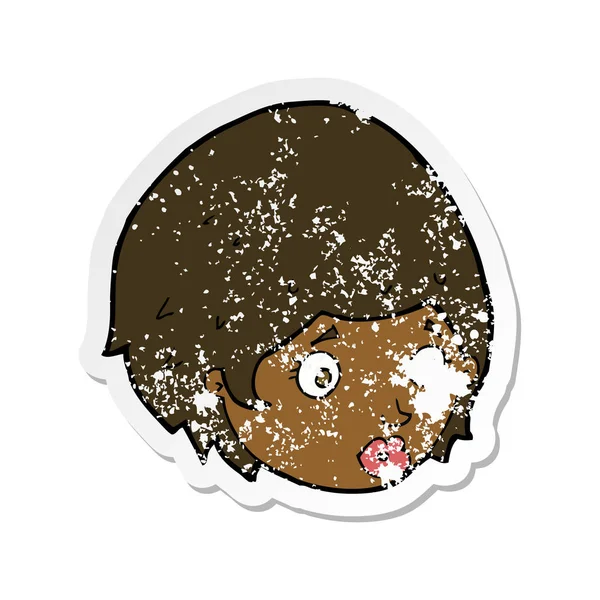 Retro Noodlijdende Sticker Van Een Cartoon Meisje Met Betrokken Expressie — Stockvector