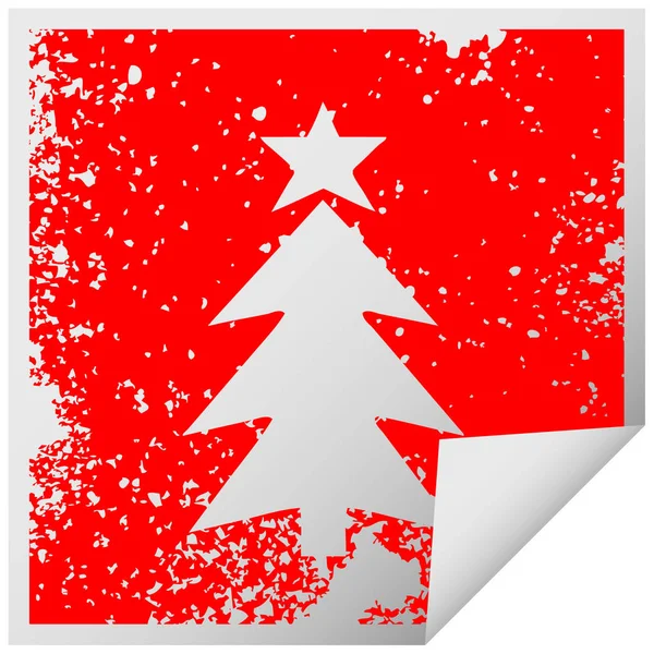 Distressed Square Peeling Sticker Symbol Christmas Tree — Stock Vector