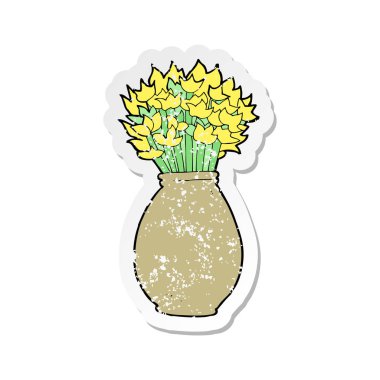 bir çizgi film kenarındaki çiçek dolu vazolar Retro sıkıntılı etiket