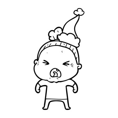 çizim için Noel Baba şapkası giyen kızgın bir yaşlı kadının el çekilmiş