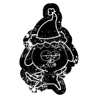 Noel Baba şapkası giyen sıkılmış bir köpek ilginç karikatür sıkıntılı simgesi