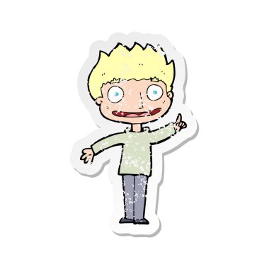 Retro sıkıntılı etiket bir karikatür mutlu çocuk