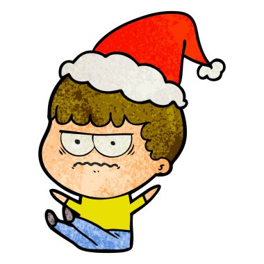 Noel Baba şapkası giyen rahatsız bir adamın dokulu çizgi film el çekilmiş