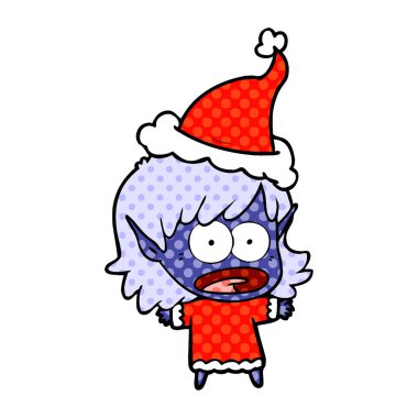 Noel Baba şapkası giyen bir şok elf kız çizgi roman tarzı çizimi el çekilmiş