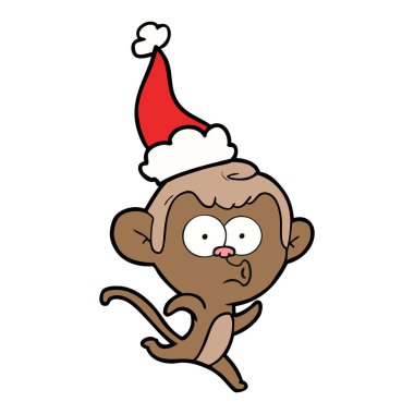 çizim için Noel Baba şapkası giyen bir sürpriz maymunun el çekilmiş
