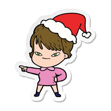 Noel Baba şapkası giyen bir mutlu kadın etiket karikatür