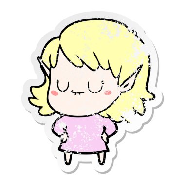 bir mutlu karikatür elf kızın sıkıntılı etiket