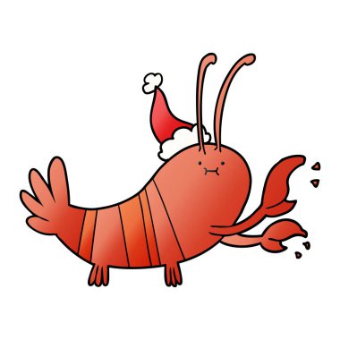 Noel Baba şapkası giyen bir ıstakoz degrade çizgi film el çekilmiş