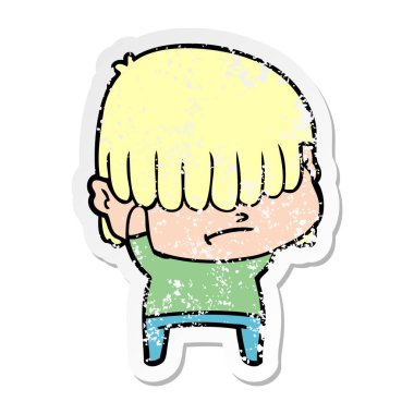 dağınık saçlı bir çizgi film çocuk sıkıntılı etiket