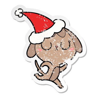 sıkıntılı etiket karikatür Noel Baba şapkası giyen bir köpek sevimli el çekilmiş