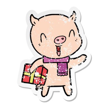 xmas hediye ile mutlu karikatür domuz bir sıkıntılı etiket