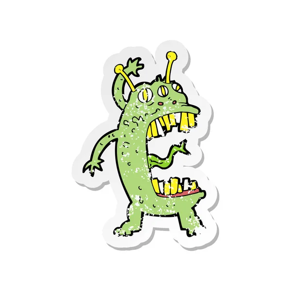 Retro Noodlijdende Sticker Van Een Cartoon Gek Monster — Stockvector