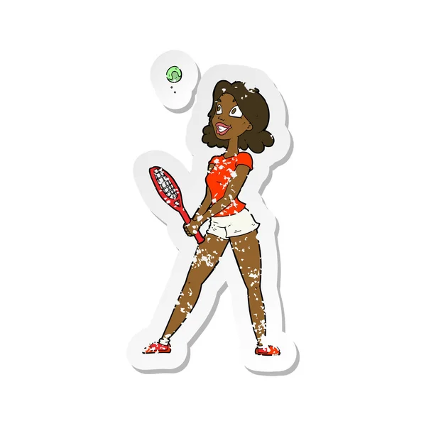 Pegatina Retro Angustiado Una Mujer Dibujos Animados Jugando Tenis — Archivo Imágenes Vectoriales