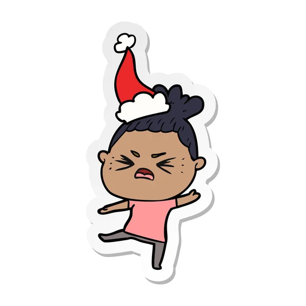 Hand Drawn Sticker Cartoon Angry Woman Wearing Santa Hat — Stock Vector