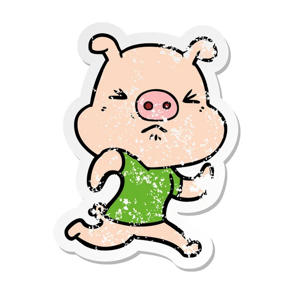 Autocollant affligé d'un cochon en colère dessin animé portant tee-shirt — Image vectorielle