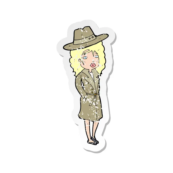 Retro Distressed Sticker Cartoon Woman Wearing Sensible Hat — Stock Vector