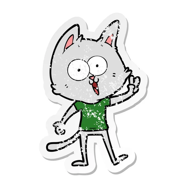 Distressed Sticker Funny Cartoon Cat Giving Peace Sign — Stock Vector