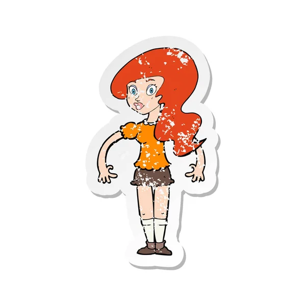 Retro Distressed Sticker Cartoon Pretty Woman — Stock Vector