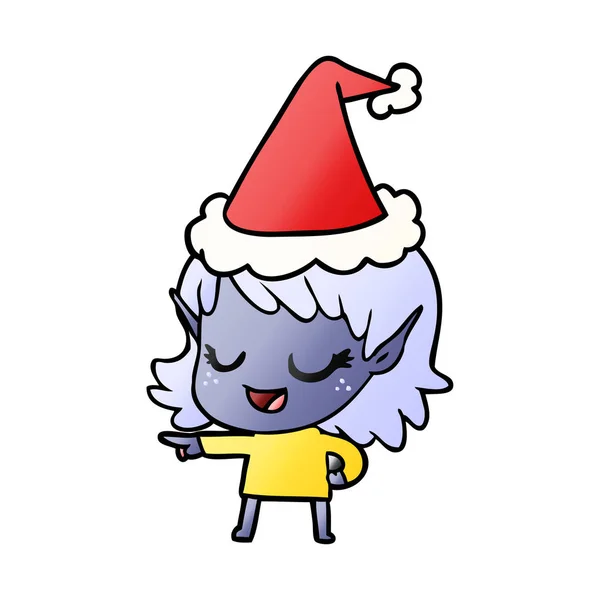 Dibujo animado gradiente feliz de una chica elfa señalando usando sombrero de santa — Vector de stock